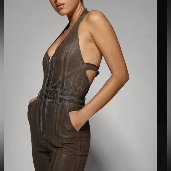 Brown Zipper front Halter Coated Denim Flare Hem Stretchy thick Jumpsuit - Picture 8 of 8